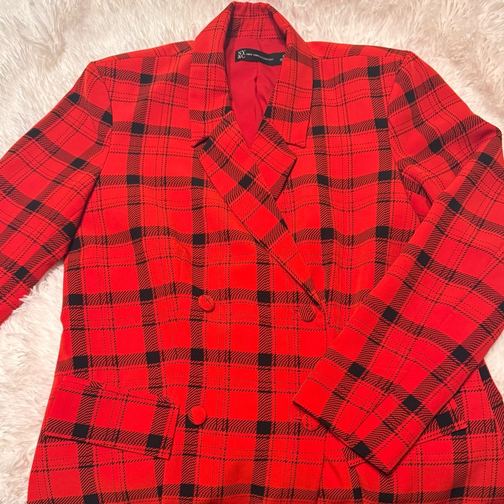 New York and Company Red Plaid Blazer - Picture 6 of 8